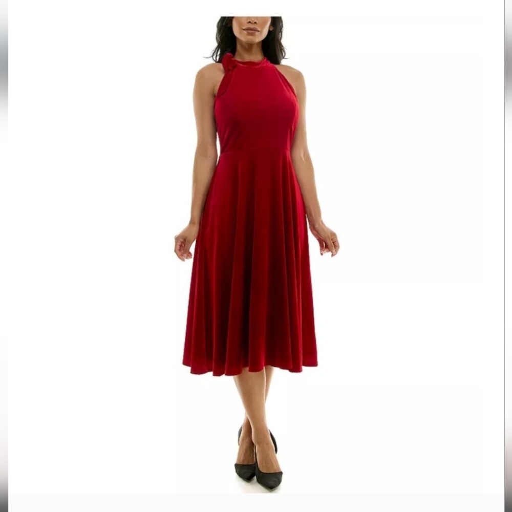 Maison Tara Vibrant Red Velvet Midi Dress